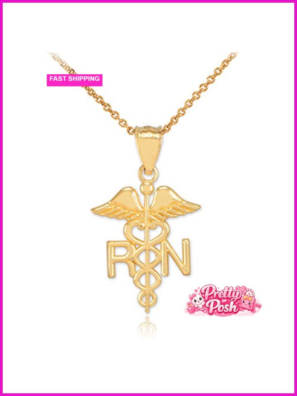 10k Yellow Gold Caduceus RN Charm Pendant Necklace 18"